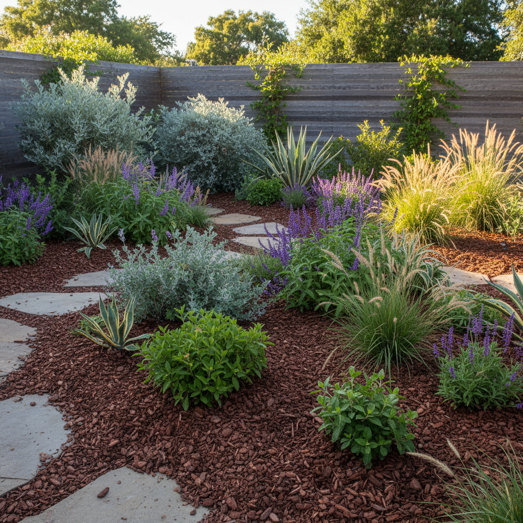 Professional landscaper working in a lush sustainable garden with native plants