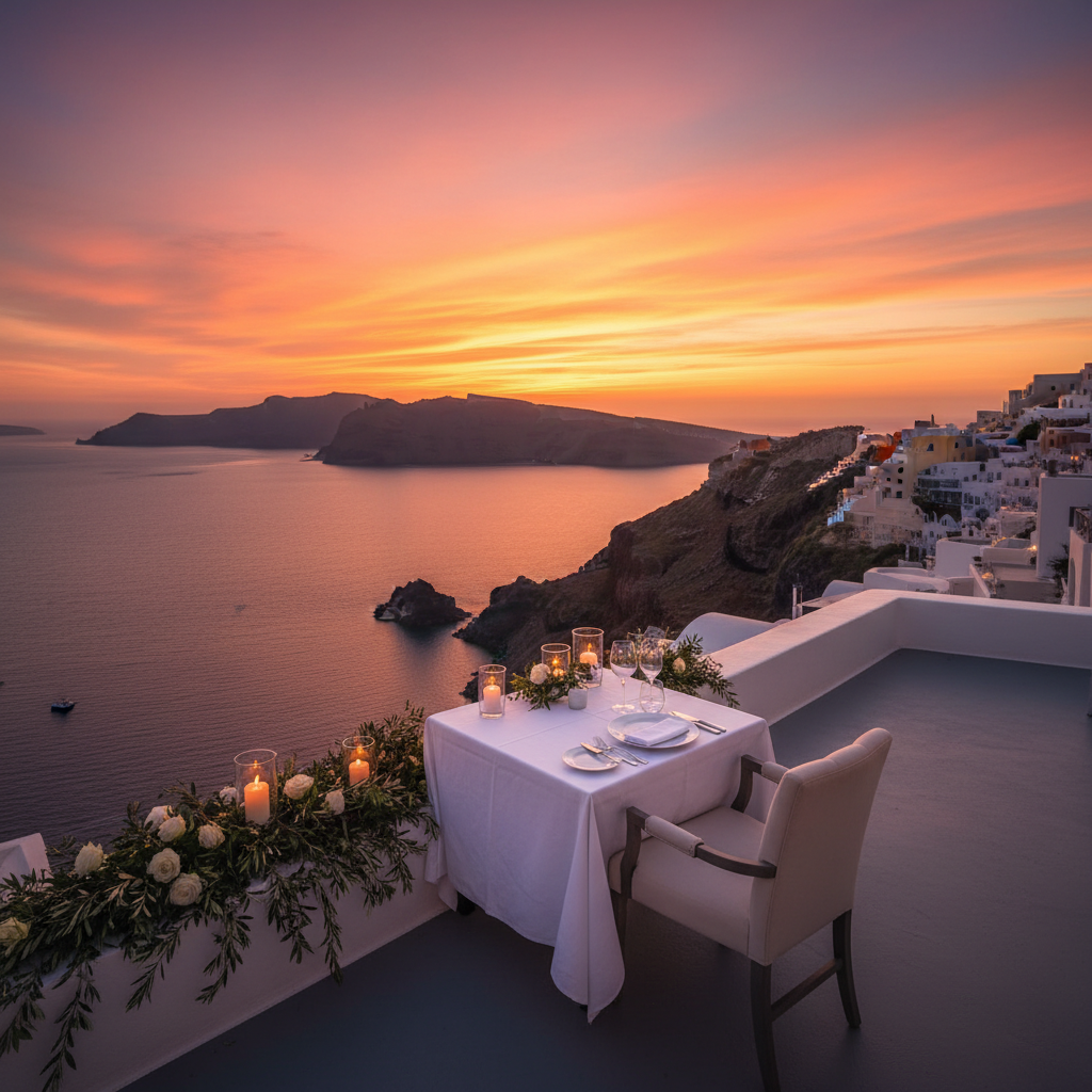 Fine dining table set on a terrace overlooking Santorini caldera at golden hour with candles