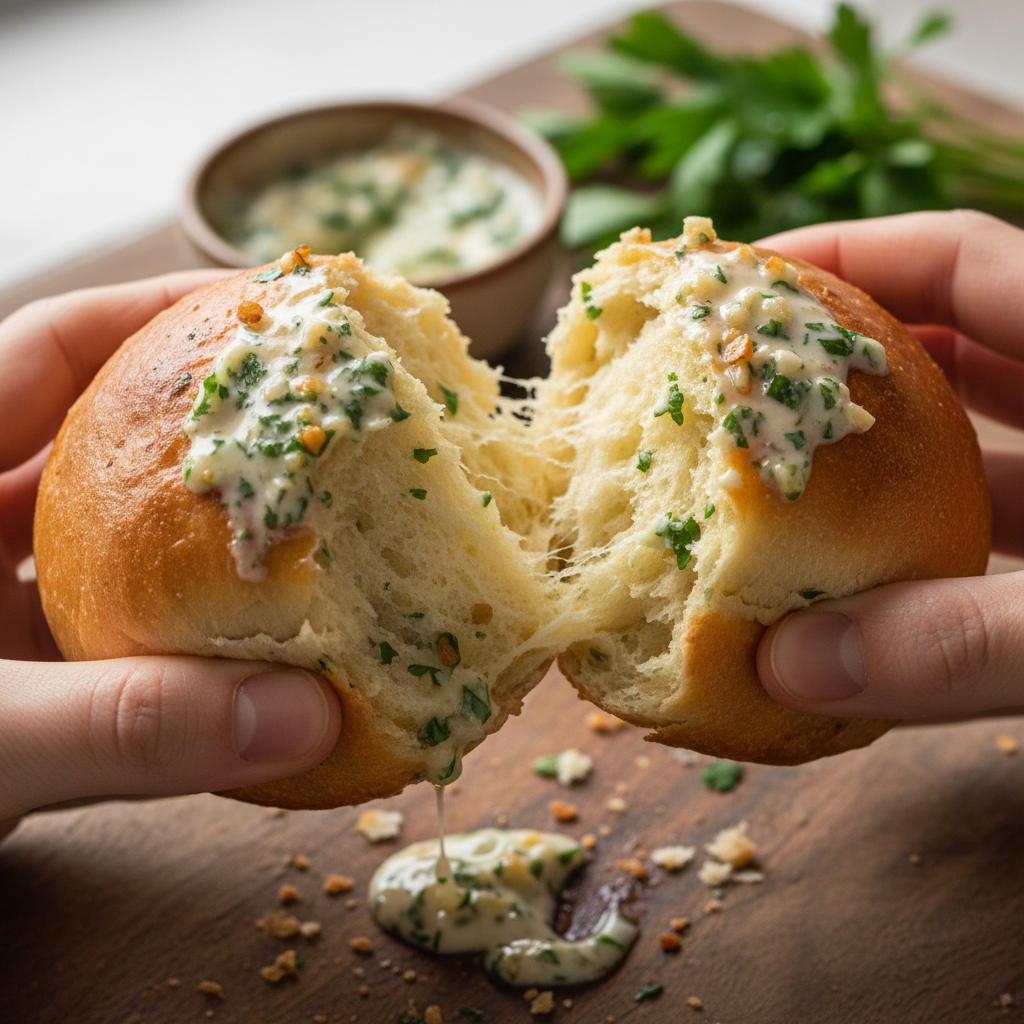 Hands tearing apart a soft pampushka bread roll with garlic butter