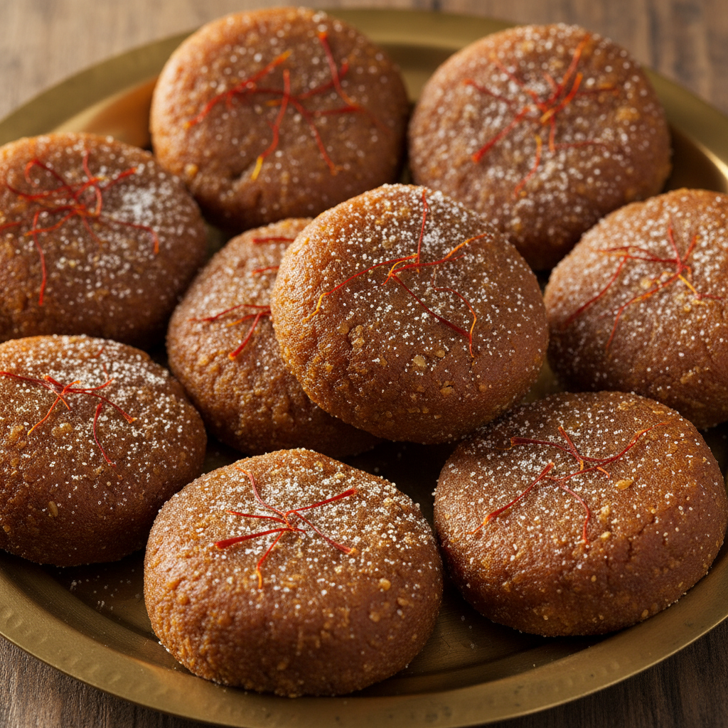 Dark rich Adadiya Pak winter sweet rounds on brass plate with dry fruit garnish in warm ambient light