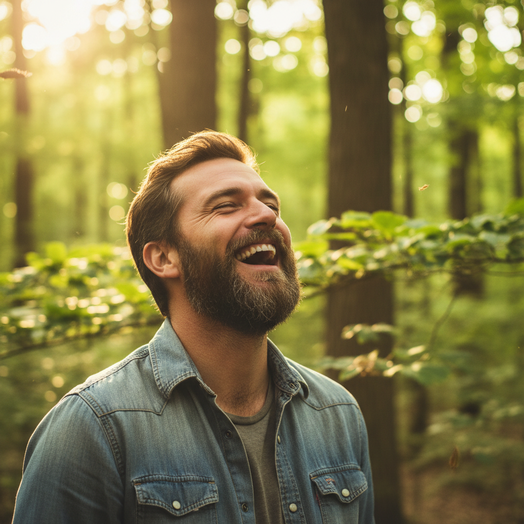 Man laughing openly, shoulders shaking, surrounded by green trees