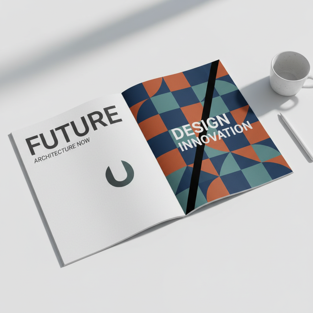 Open magazine with crisp typography resting on a bright white table