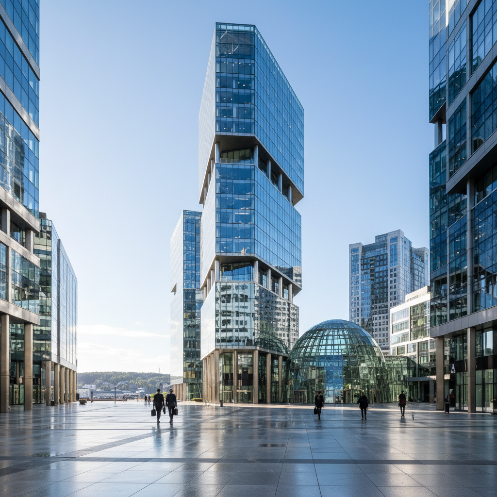 Dubai financial district skyline with modern glass skyscrapers representing UAE business hub