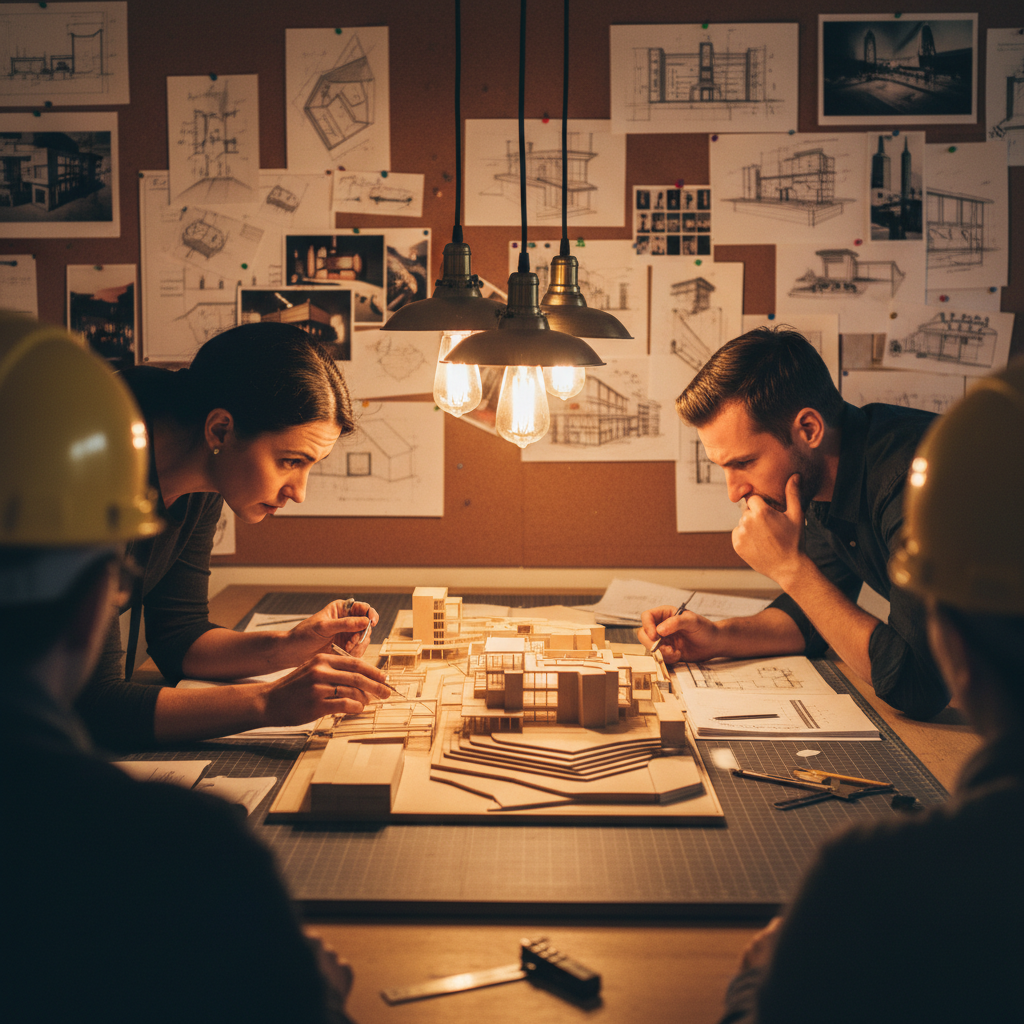 Two architects leaning over a physical model at a shared drafting table, cork boards dense with pinned sketches behind them, warm pendant light pooling amber on the drafting surface