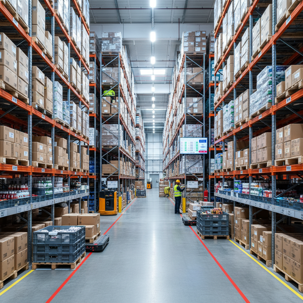 Warehouse worker picking parts from tall shelving units
