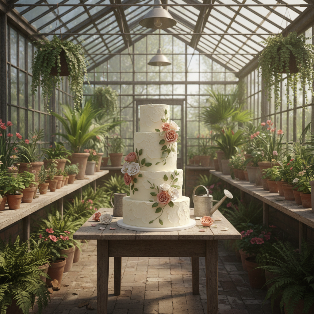 Buttercream cake with climbing rose details in restored Victorian greenhouse