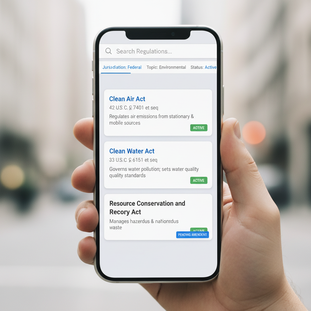 Mobile phone showing clean regulation search results interface with card-based layout