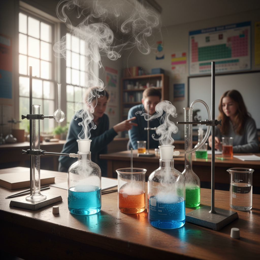 Science classroom experiment with steam and colored water in glass containers