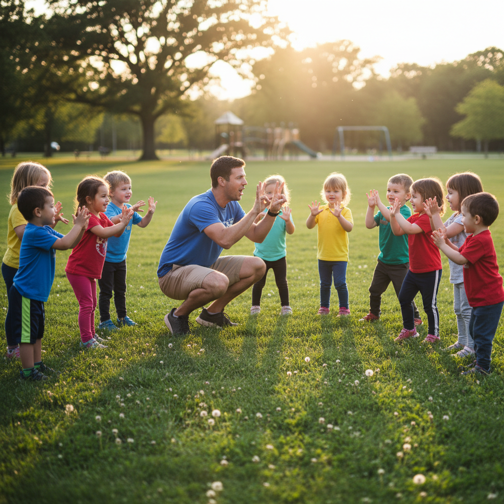 Instructor Coach Marcus crouching and counting eights while kids follow the rhythm in a semi-circle