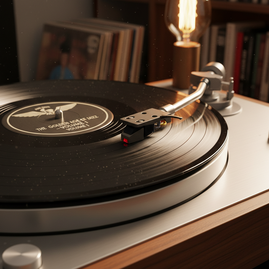 Vinyl record player with warm ambient lighting and headphones
