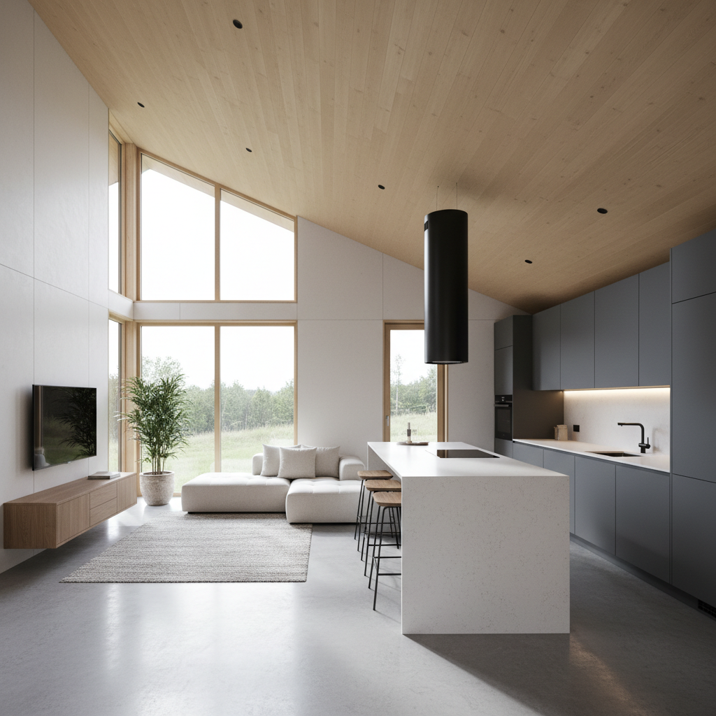Open plan kitchen and living area in prefab module with high ceilings and natural light