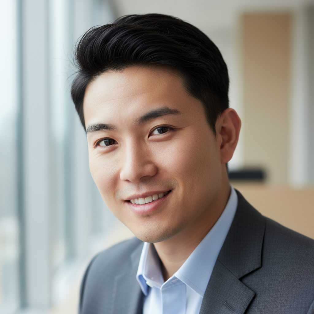 Asian man with short black hair in white shirt smiling confidently