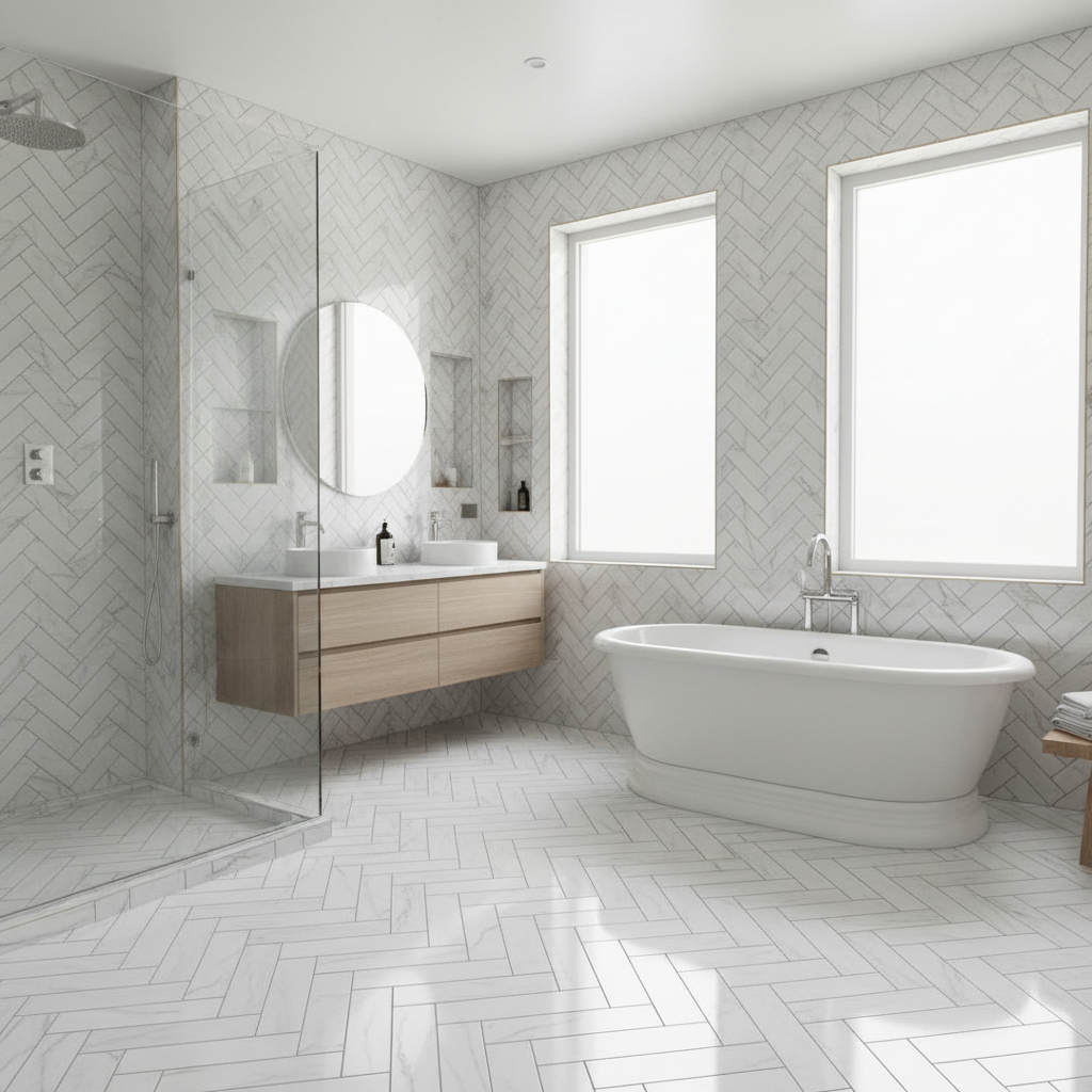 Interior finishing — tiled floor with polished surface and clean grout lines