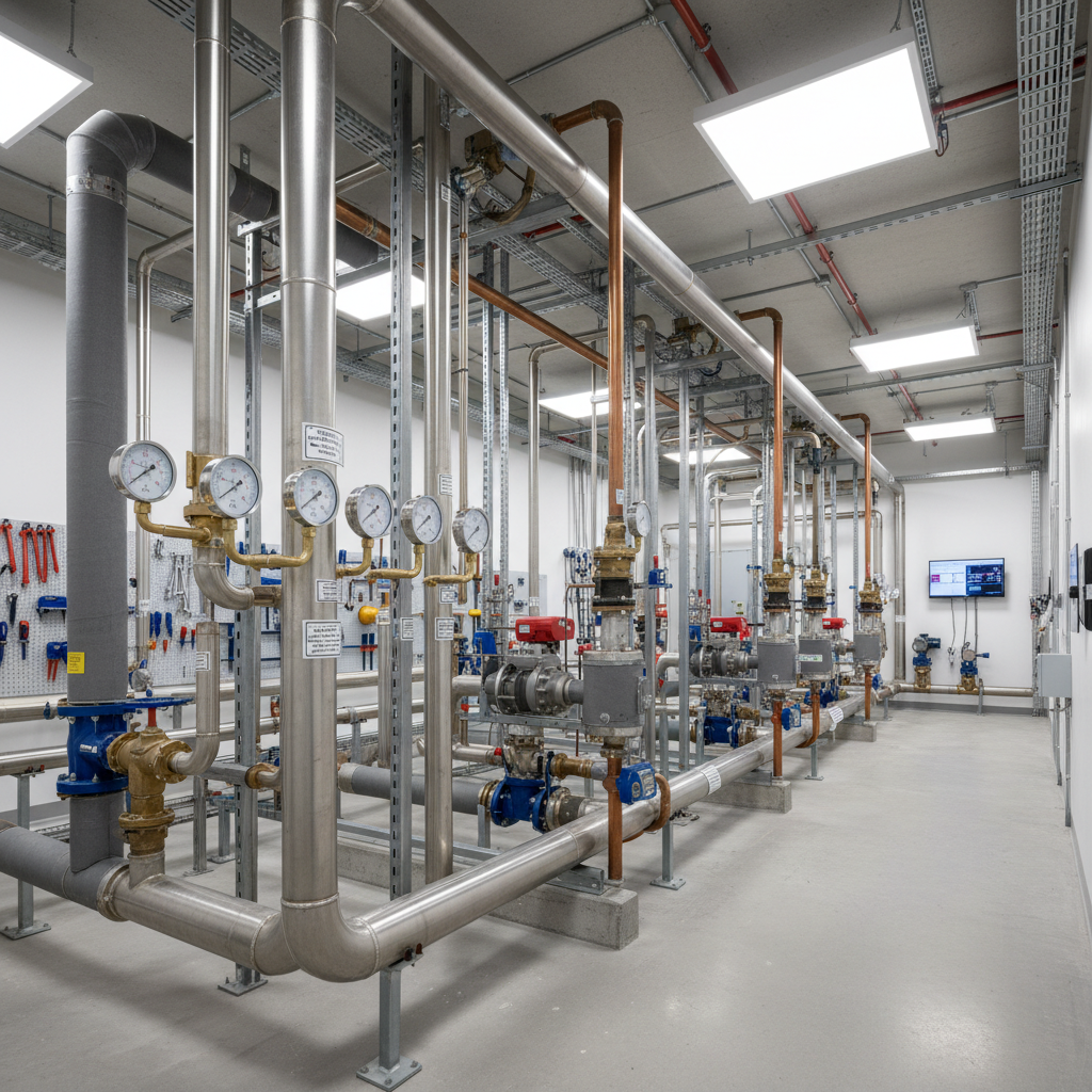 Industrial boiler system with copper pipes and pressure gauges in a utility room, professional installation, clean mechanical environment