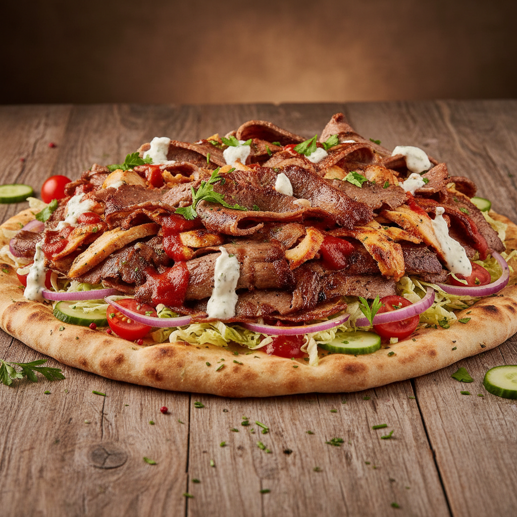 Kebab mare porție XXL cu carne dublă și legume la grătar, iluminare întunecată
