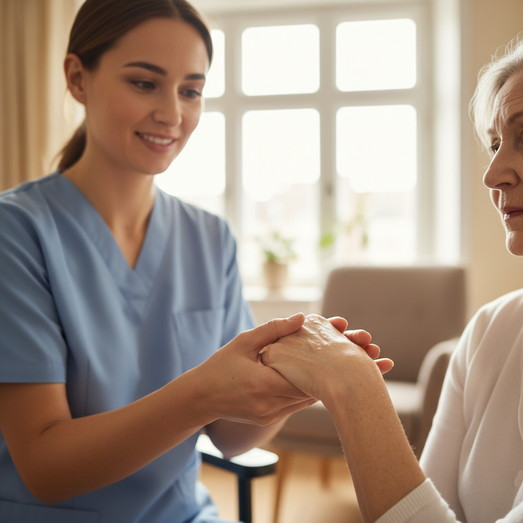 Rehabilitation therapist gently supporting a patient's hand during a therapy session