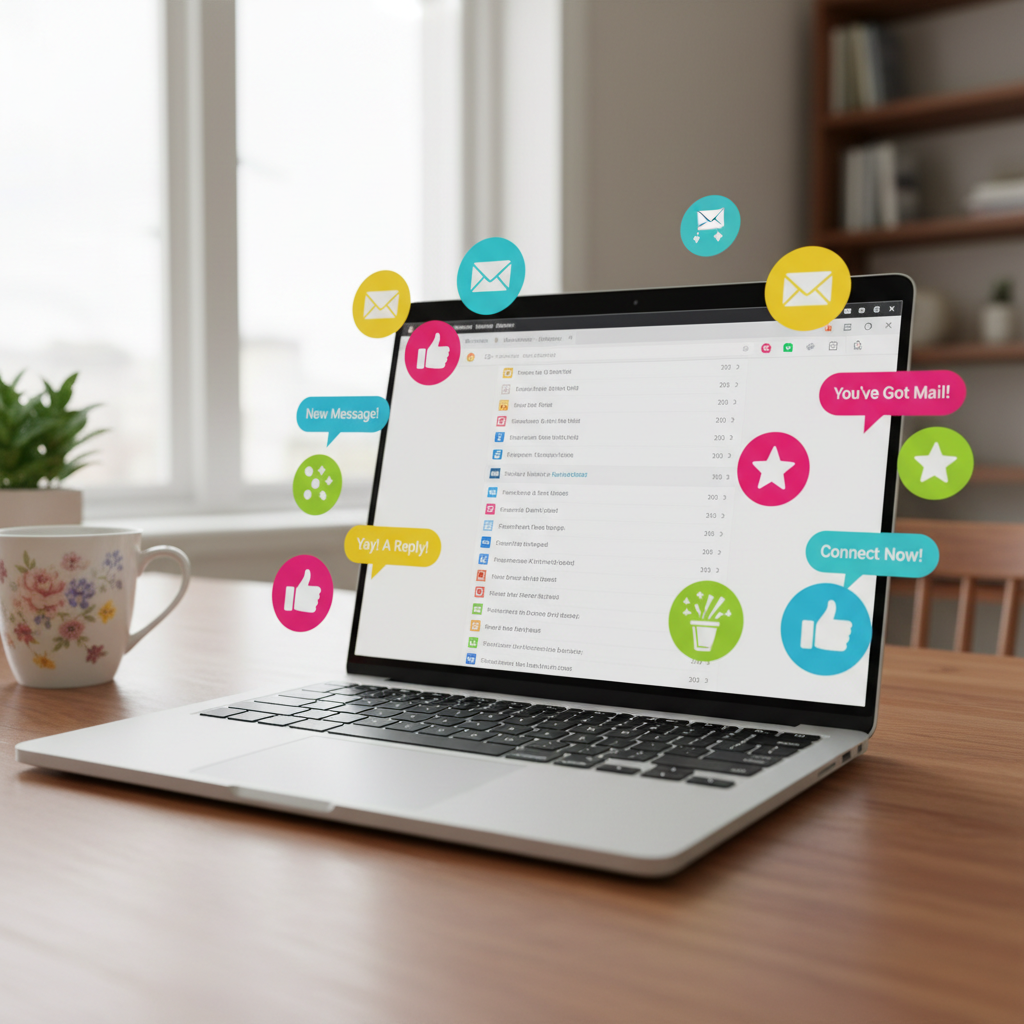 Open laptop showing email inbox with cheerful colorful notification icons