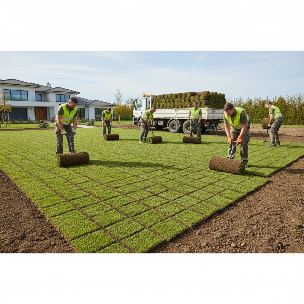 Uniformed crew installing sod rolls in tight diagonal pattern at Lagos estate compound