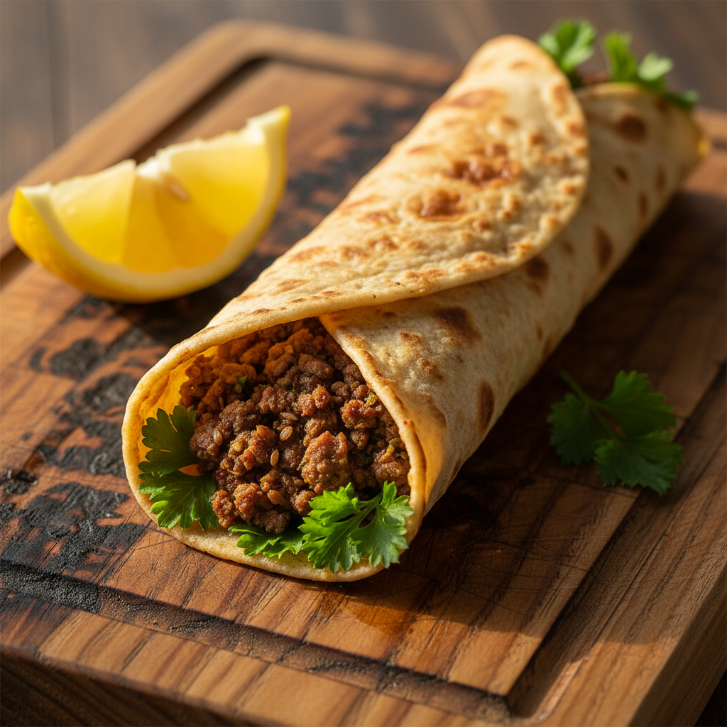 Flatbread topped with spiced lamb, za'atar, and fresh parsley on dark wood