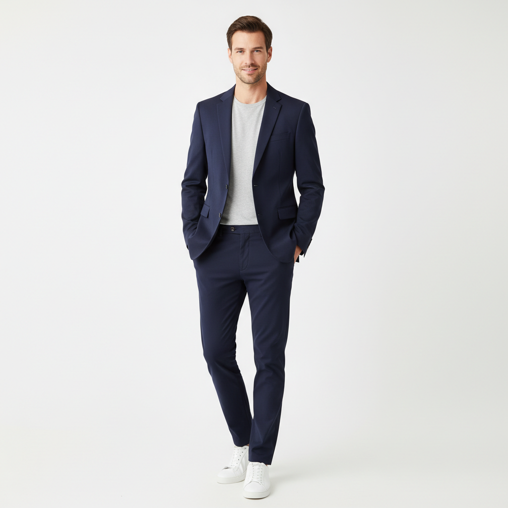Double-breasted suit in navy, male model in studio, neutral background, professional even lighting