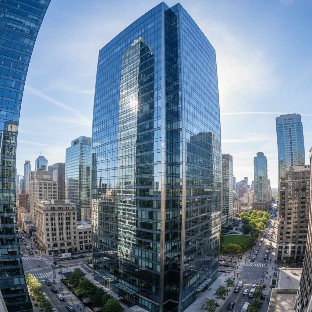Commercial building exterior in urban setting, glass facade, modern architecture
