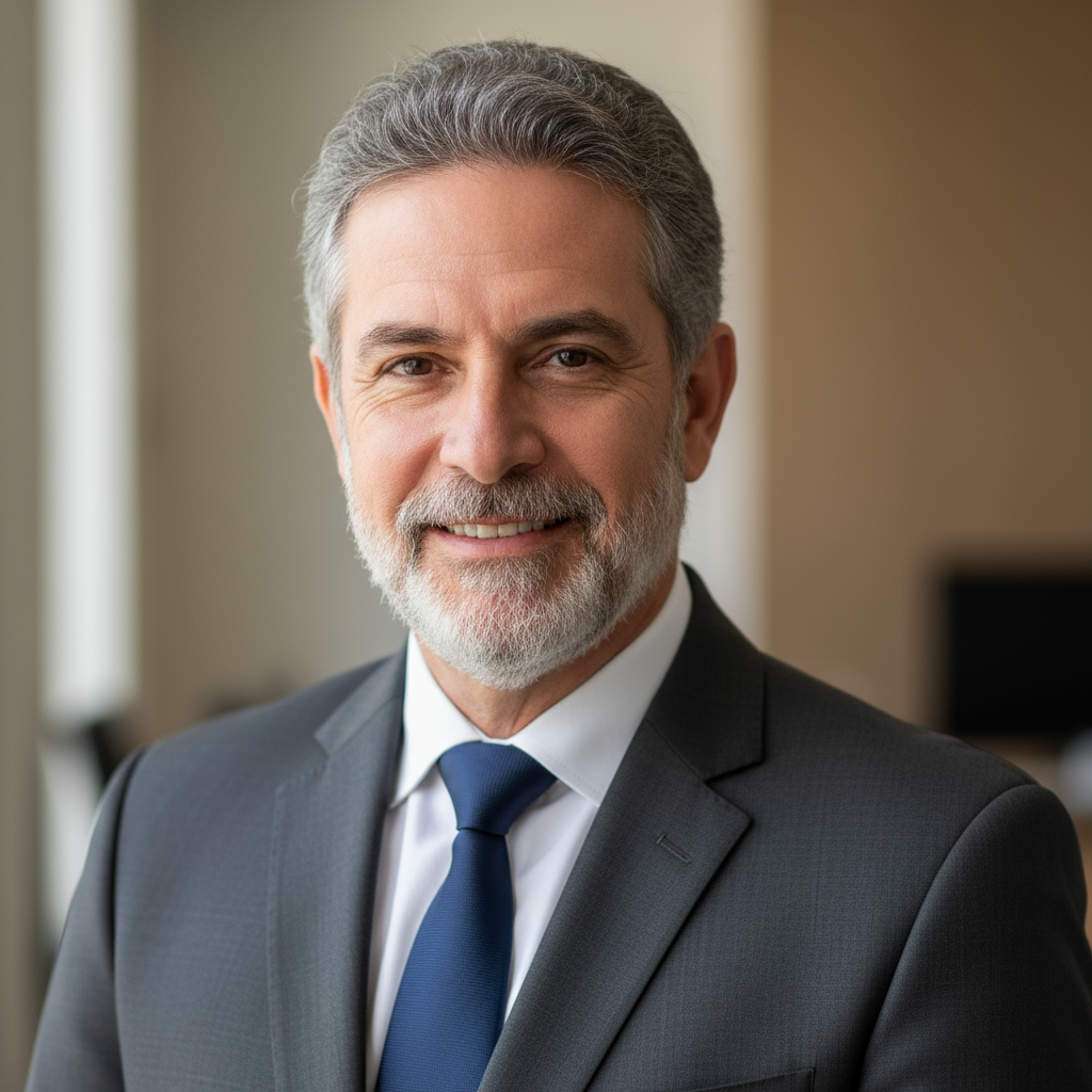 Brazilian male logistics manager in his 40s, professional headshot, confident expression