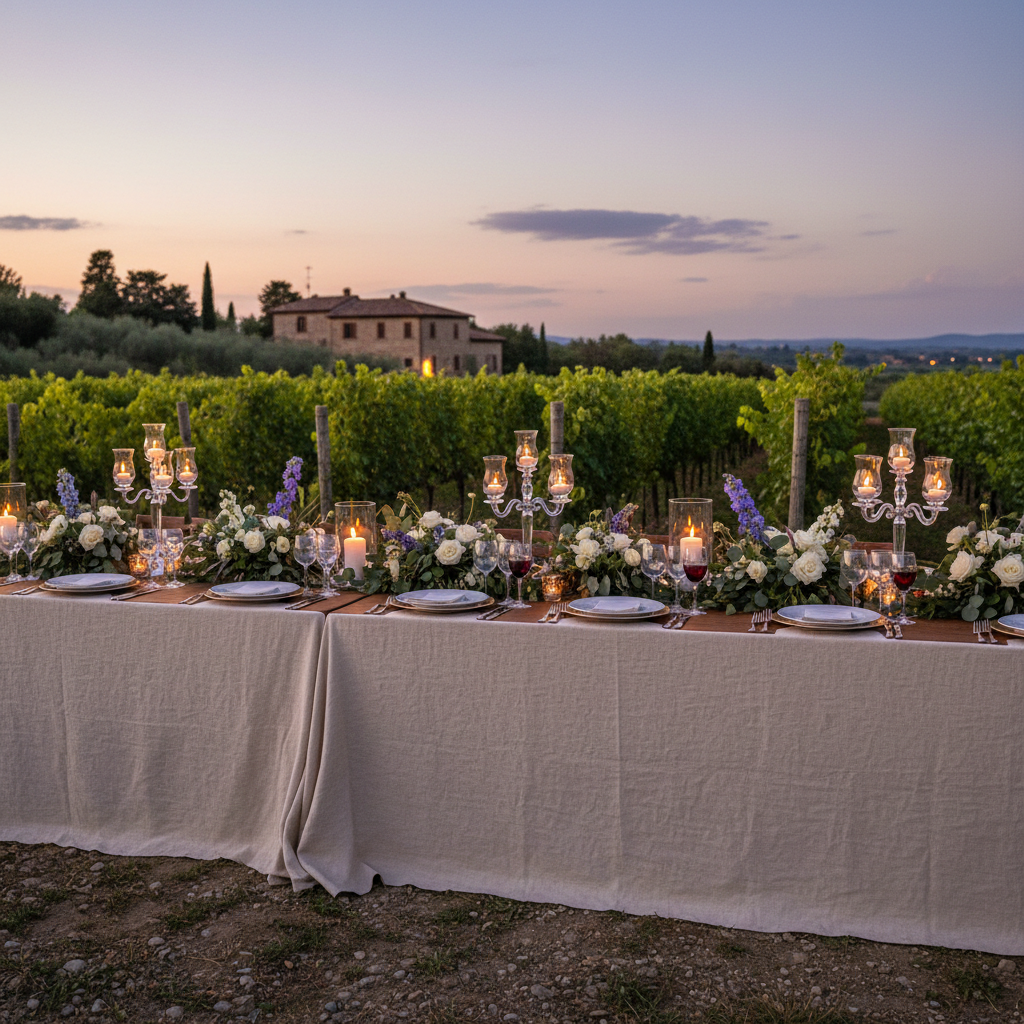 Reception table setting with floral centerpieces