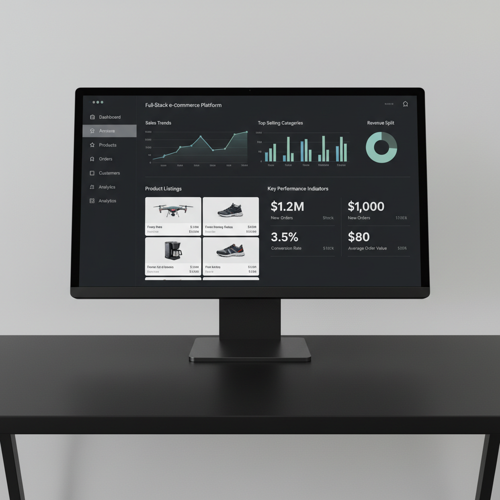 Laptop showing e-commerce dashboard with product listings and sales analytics on bright screen