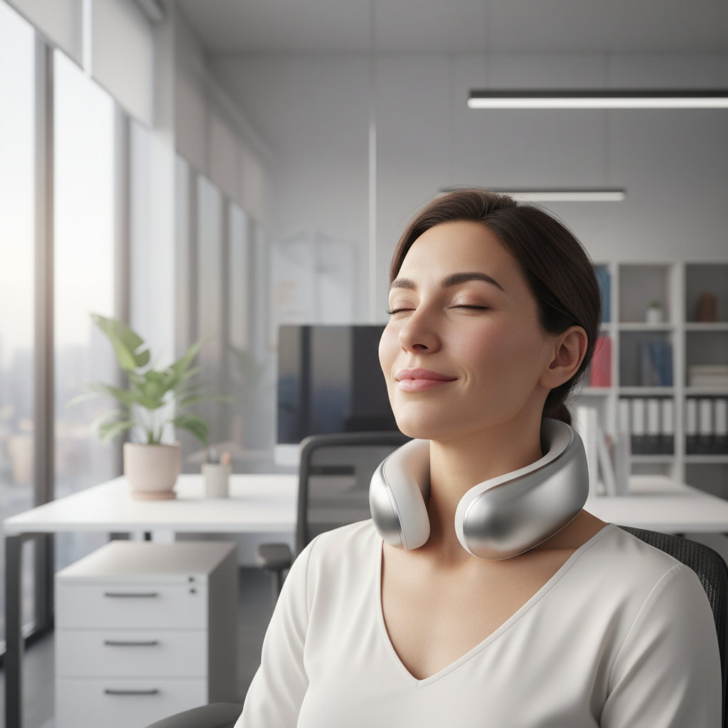 Renata Sousa, Miami customer, woman relaxing with neck massager