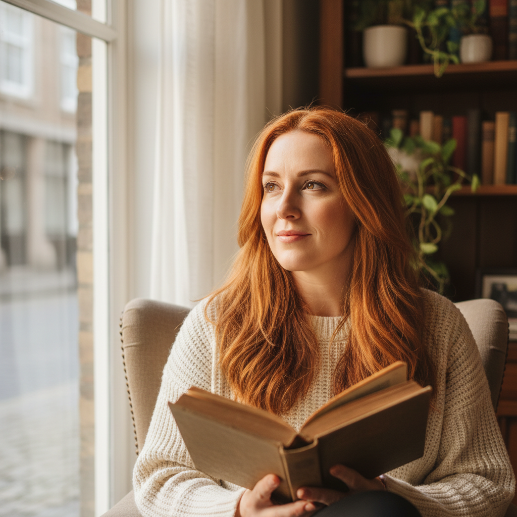Young Irish-American woman with auburn hair, late twenties, sitting by a window with natural light, relaxed and confident