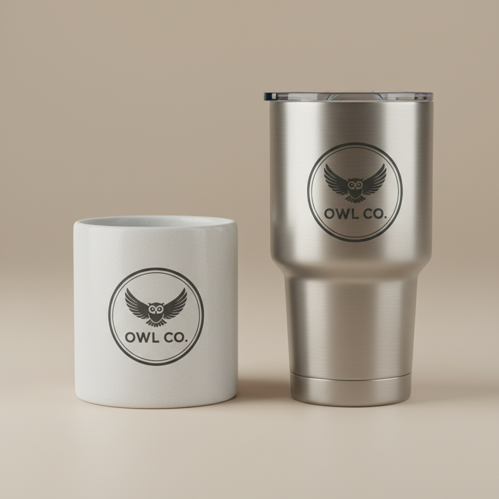 Collection of custom branded drinkware including mugs, bottles, and tumblers