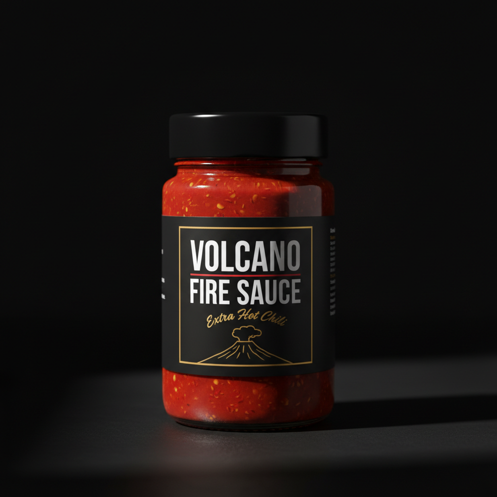 Red chili sauce jar with dramatic black background and moody lighting