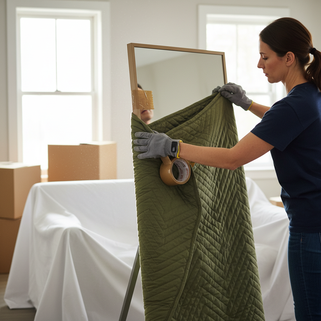 Professional movers carefully wrapping a large mirror in moving blankets for protection