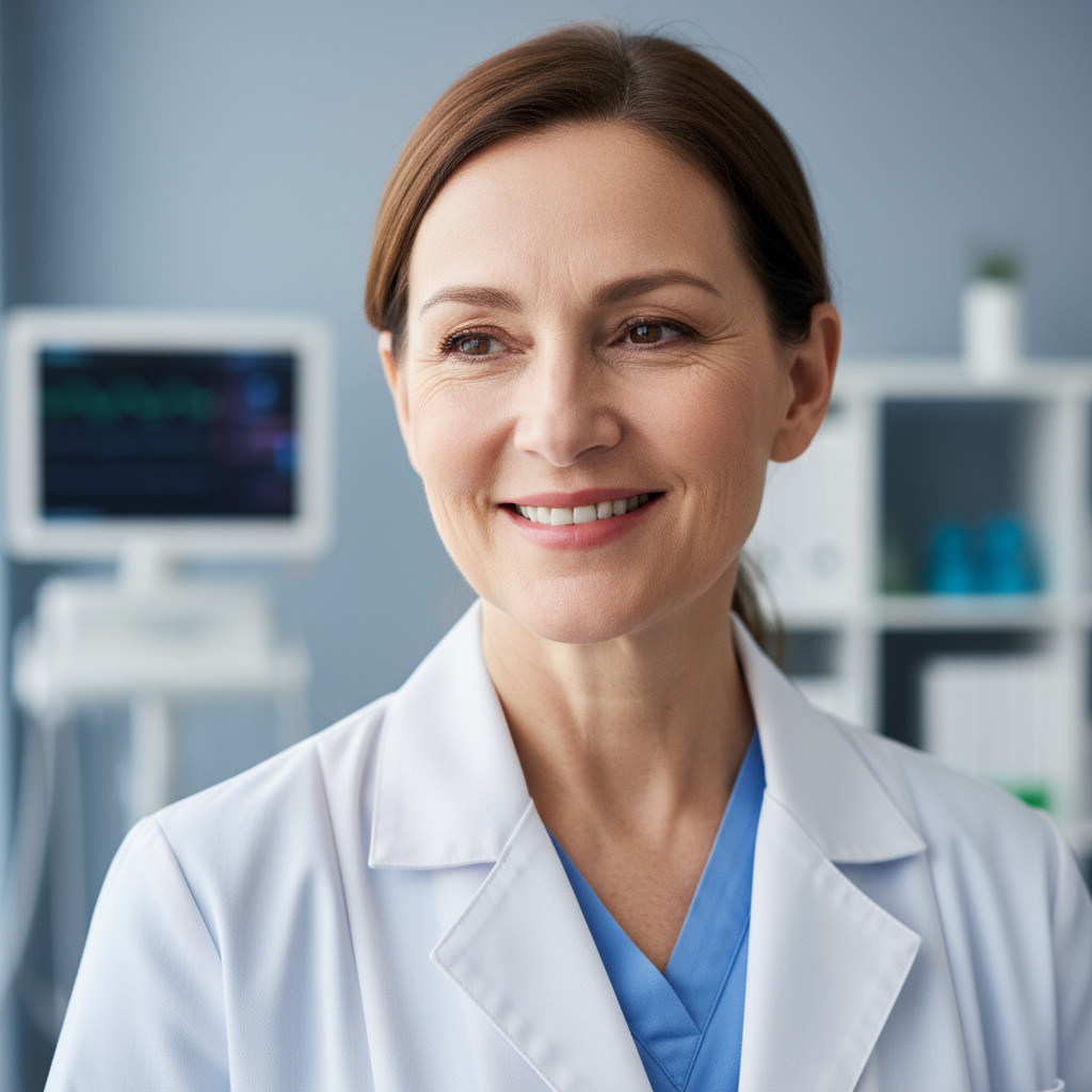 Professional headshot of Dr. Priya Krishnaswamy, female doctor in clinical setting with warm professional expression