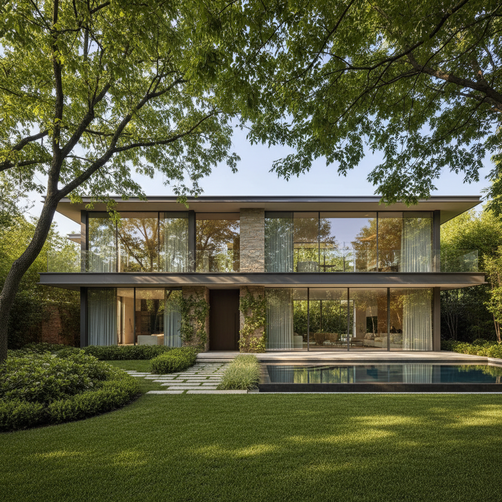 Elegant residential home with large windows and architectural detailing