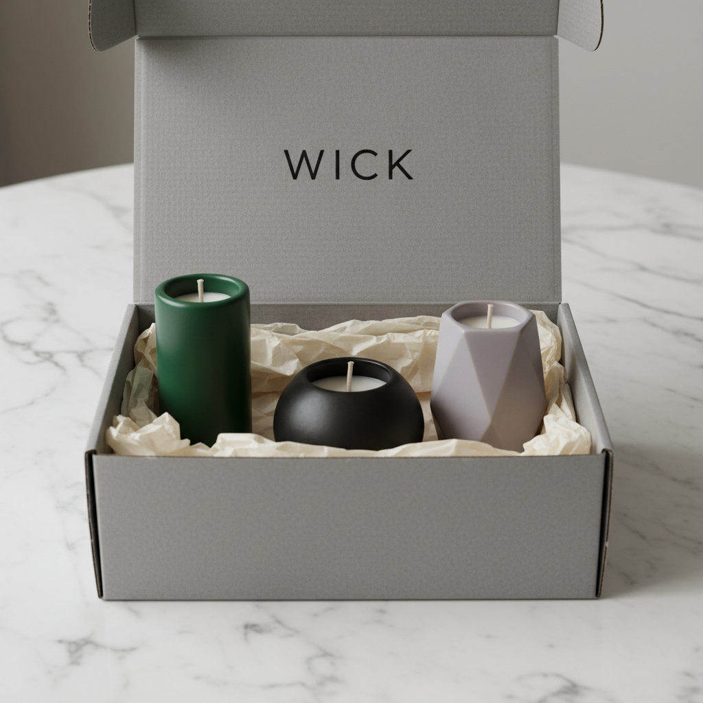 Wick subscription box open on a marble table showing three candles in matte vessels with ivory tissue paper