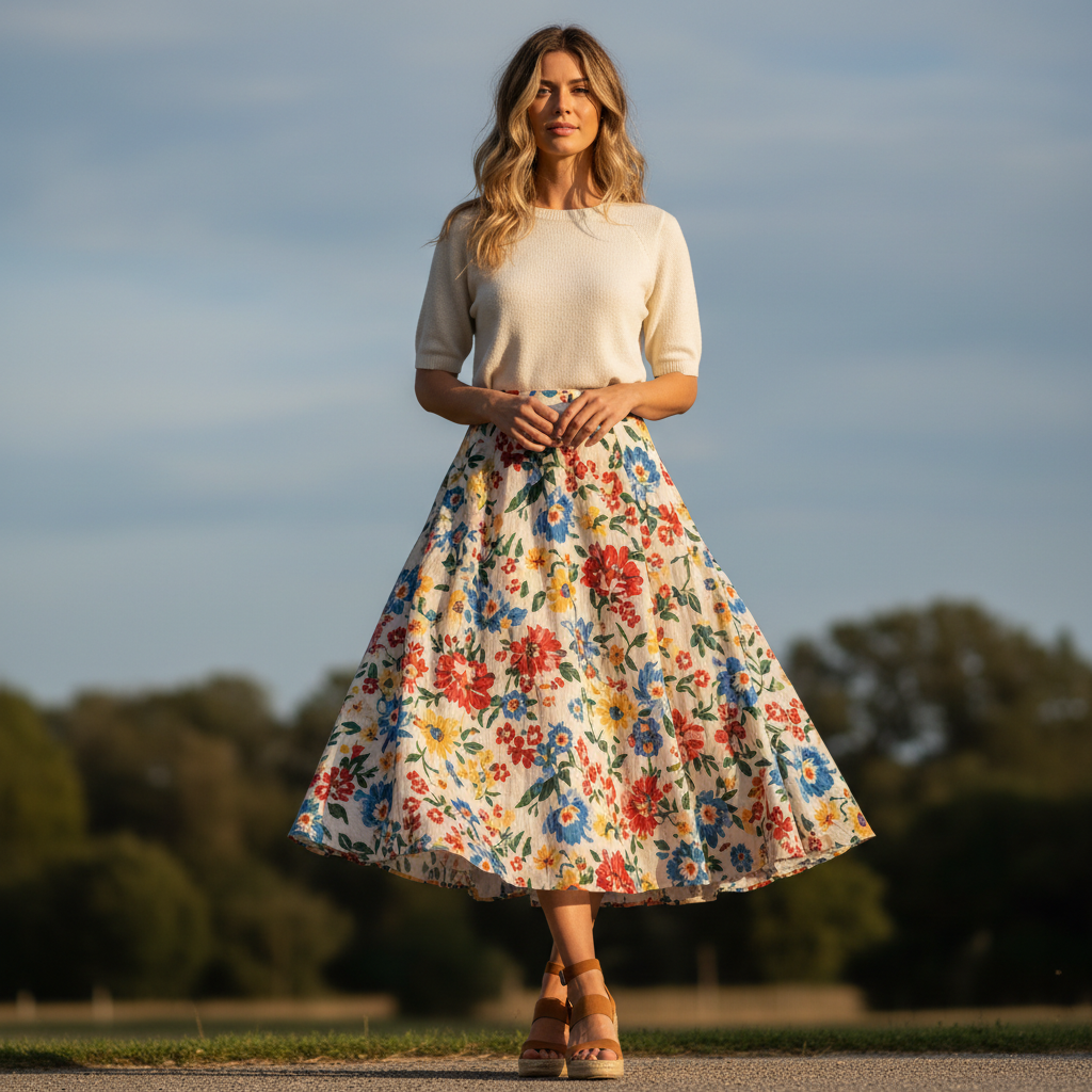 Floral midi skirt in warm tones, woman in relaxed elegant pose, bright natural daylight background