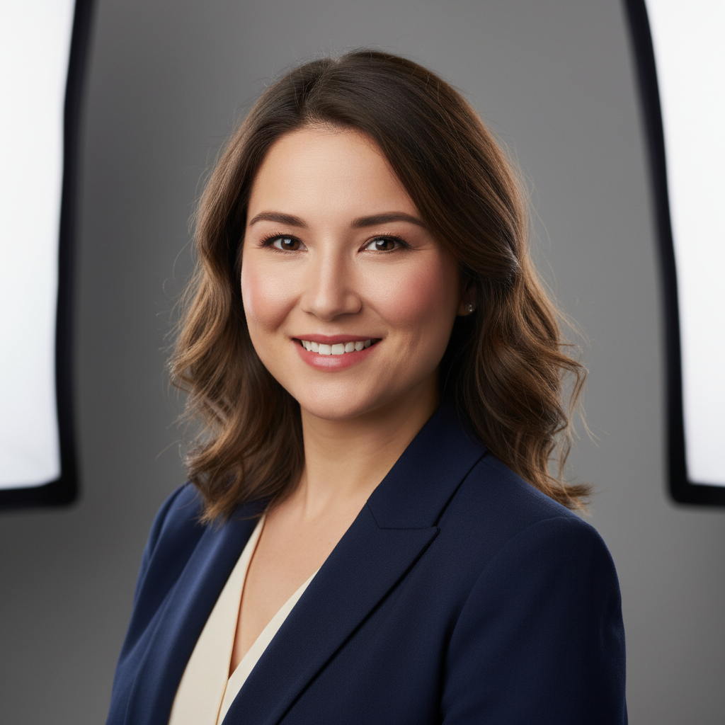 Professional woman with warm smile, bright studio portrait