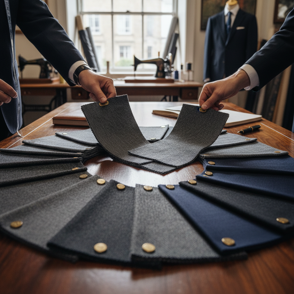 Tailoring consultation, fabric swatches in charcoal and navy arranged with precision