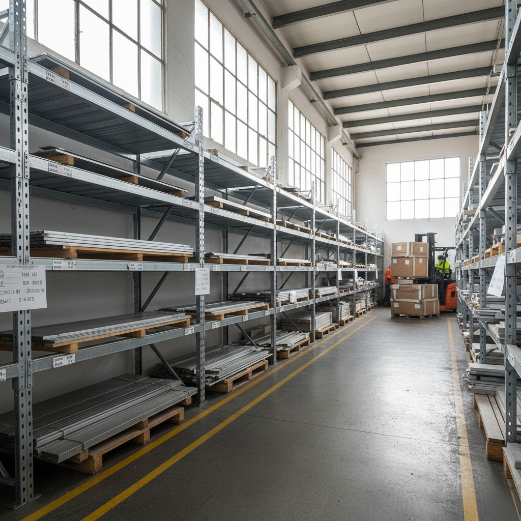 Industrial warehouse with tall metal shelving racks stacked with inventory boxes