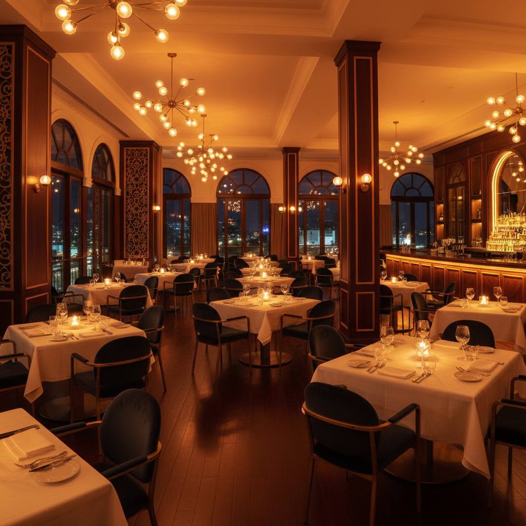 Warm Nigerian restaurant interior with ambient lighting, dark wood tables, cozy dining atmosphere