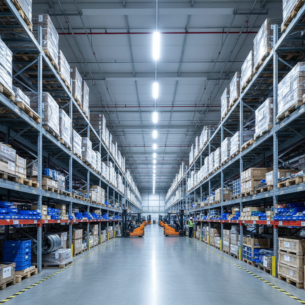 Large organized warehouse facility with industrial shelving and logistics operations, bright overhead lighting
