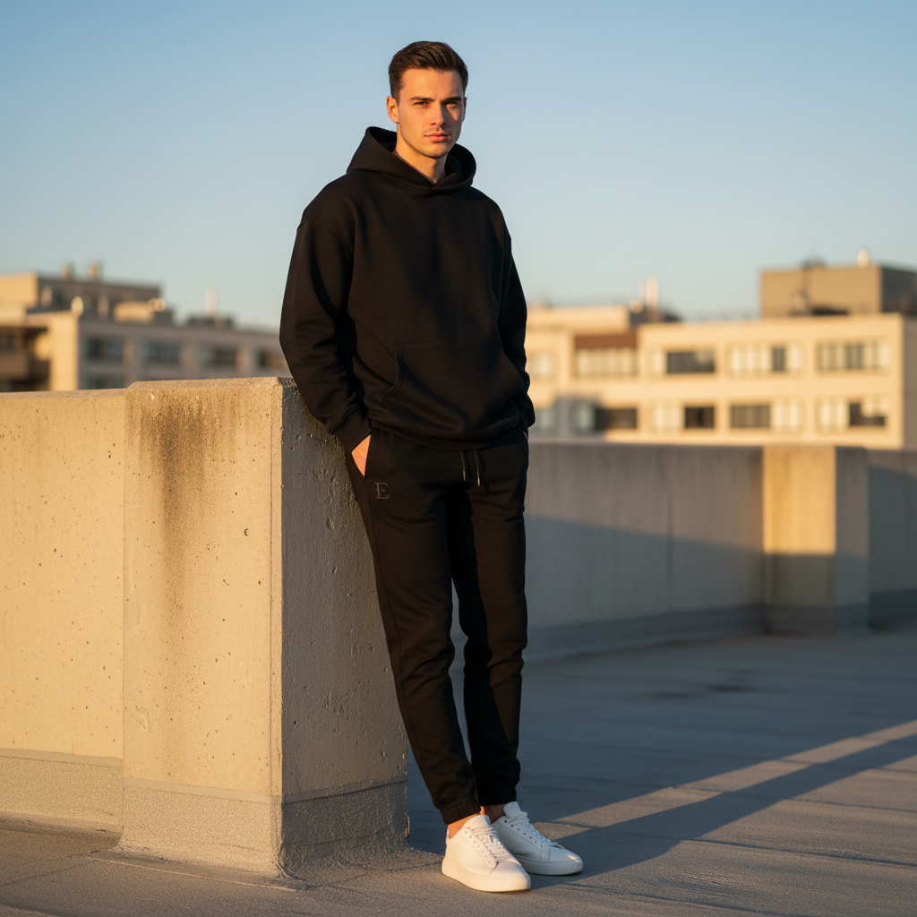 Black jogger pants with tapered cut, model wearing streetwear on dark background