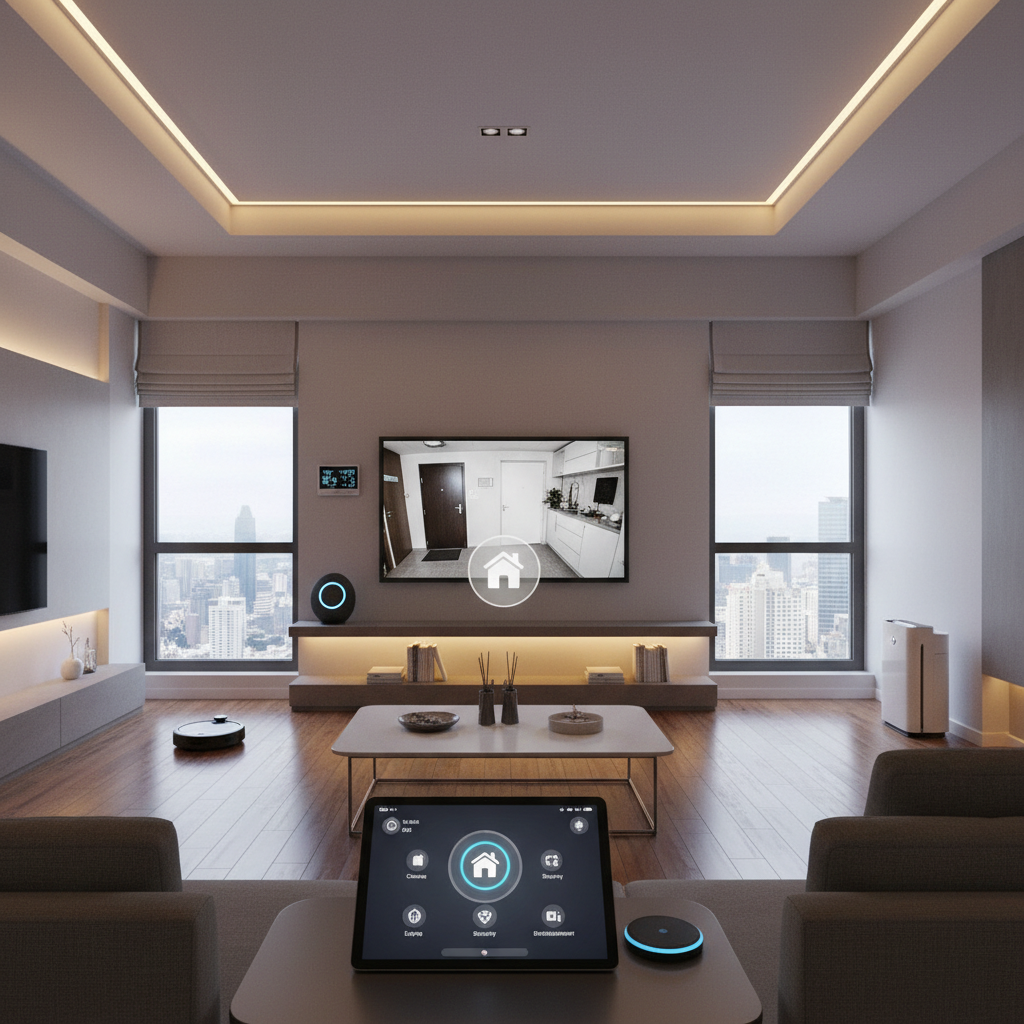 Smart home security tablet showing app interface, modern bright living room, natural light, airy open space