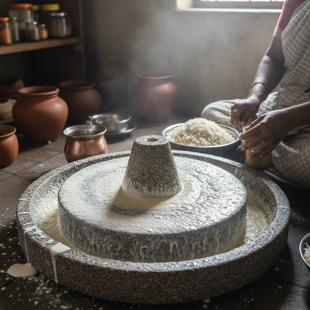 Pesarattu dosa batter being spread on a hot iron griddle in a traditional kitchen