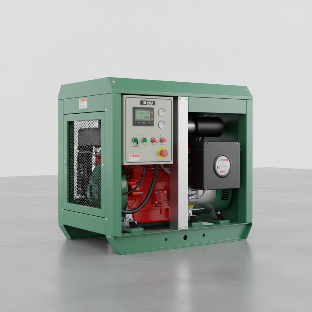 Large industrial diesel generator set in a well-lit power room, grey and green machinery