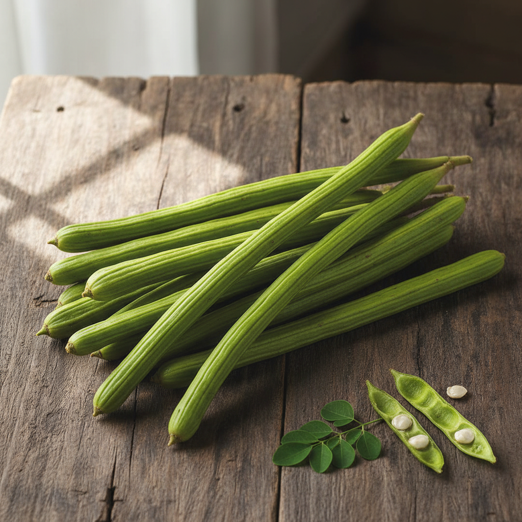 Fresh green drumstick moringa pods on a bright surface, natural daylight