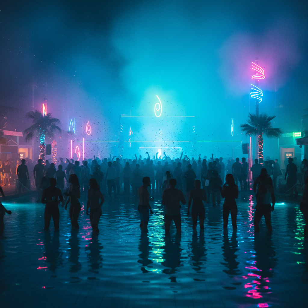 Packed poolside crowd silhouetted against cyan fog with neon lights reflecting on water