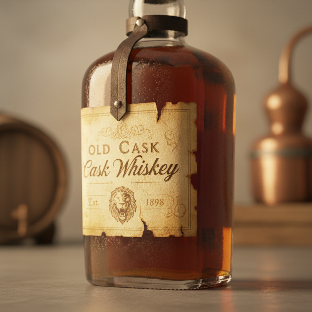 Amber spirits bottle with vintage-style label partially obscured, warm editorial lighting