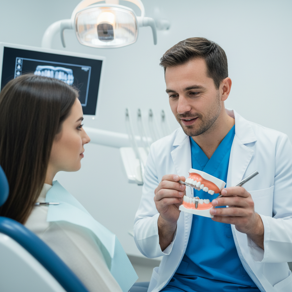 Dentist consulting with patient about dental implant procedure using digital X-ray display